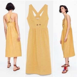 Zara Size Large Mustard Yellow Midi Dress Crossed Back